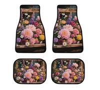 Retro Flowers Car Floor Mats Set of 4, Soft Car Carpet with Non-Slip Backing, Decorative Front Rear Carpet Universal Fit for Most Cars, Trucks, SUVs and Vans