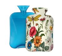 Retro Flowers Dragonflies Butterflies Hot Water Bottle with Cover, 2L PVC Hot Water Bag with Soft Cover, Reusable Heating Pad for Pain Relief Warm Hands Waist Abdomen Feet & Bed