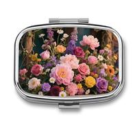 Retro Flowers Pill Box Elegant Metal Pill Case with 2 Compartments, Slim Portable Medicine Organizer for Purse, Pocket, Travel