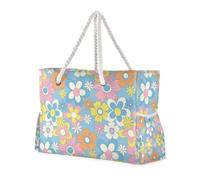 Retro Flowers Social Media Sturdy Pocket Tote Bag with Side Pocketes Weekender Overnight Bag Good for Travel Pool Swim Beach Vacation Necessities