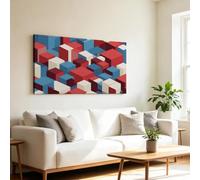 Retro Framed Canvas Wall Art for Living Room & Bedroom, Solid Geometry Red Blue White Squares Artwork Prints Poster Canvas Wall Art Decoration for Office, 40 x 30 cm