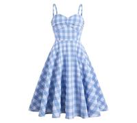 Retro Fresh Holiday Blue and White British Style Suspender Belt one-line Collar Waist Slimming Big Swing Dress for Women Summer-Light Blue Large White Check-L