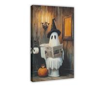 Retro Fun Ghost Reading A Newspaper on The Toilet Canvas Poster Bedroom Decor Landscape Office Room Decor Gift 12" L X 18" W