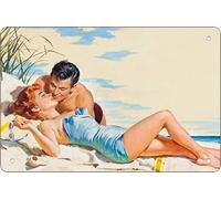Retro Funny Metal Sheet Signs Beach pin up girl and man, Wall Decoration, 12x16 Inch