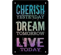 Retro Funny Metal Sheet Signs CHERISH YESTERDAY DREAM TOMORROW LIVE TODAY, Wall Decoration, 12x16 Inch