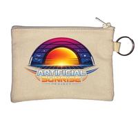 Retro Futuristic Sunrise with Horizon Grid Key Chain Coin Purse Beige