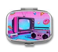 Retro Gadgets Collage Pill Box Travel Pill Organizer 2-Compartment with Mirror Design Portable Square Medicine Case for Vitamins, Jewelry & Essentials Durable Pocket Pillcase for Purse, Camping