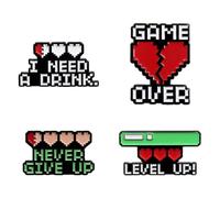 Retro Game Enamel Pins 4Pcs Funny Pixel Art Lapel Pin Game Over/Level Up Brooches "I Need A Drink/Never Give Up" Gamer Pin Badges for Backpack Jackets Decoration