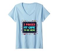 Retro Gamer Pixel Art: I Paused My Game to Be Here V-Neck T-Shirt, Women, Baby Blue, L