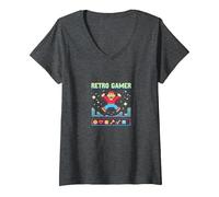 Retro Gamer: Pixel Art Nostalgia for Classic Gaming Fans V-Neck T-Shirt, Women, Dark Heather Grey, XXL