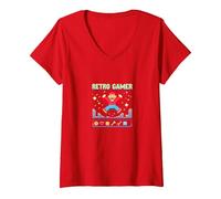 Retro Gamer: Pixel Art Nostalgia for Classic Gaming Fans V-Neck T-Shirt, Women, Red, S