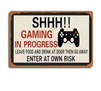 Retro Gaming Metal Tin Sign, SHHH! in Progress Door 8x12 inch Room Decor, Funny Do Not Disturb Gamer Plaque, Game Decoration, Leave Food and Drink Notice, Entry at Your Own Risk Wall