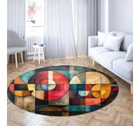 Retro-Geometric Abstract Round Area Rugs 180cm - Colorful Low Pile Non Slip Circle Carpet Washable for Living Room Reading Nook Home Deco