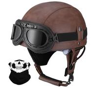 Retro German Style Half Helmet, Adult PU Leather Motorcycle Open Face Helmet, with Adjustable Quick Release Buckle, ECE/DOT Approved, for Chopper Cruiser Scooter Bike(Z4,S/55-56cm)