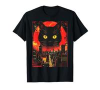 Retro Giant Black Cat Tokyo Skyline Red Moon Synthwave T-Shirt