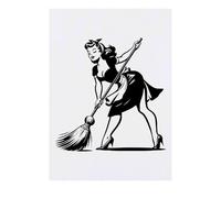'Retro Girl Sweeping Floor' Temporary Tattoo - Water Resistant, Skin-Safe, Non-Toxic Transfer (TO00085437)