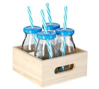 Elegant Blue Straws And Lids Glass Drinking Bottles, Convenient Clear Glass Jars, Versatile Glass Bottles