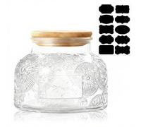 Retro Glass Jar with Bamboo Lid - 750 ML Airtight Canister with Label for Kitchen Pantry Bathroom, Decorative Storage Container for Sugar, Bath Salt, Coffee, Tea, Oats, Candy, Cookie, Spider Lily