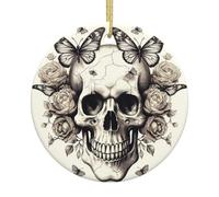 Retro Gothic Skull Rose Christmas Tree Ceramic Hanging Ornament, Double-Sided Printed Round Ceramic Decoration with Gold String, Holiday Keepsake Gift for Home Party Décor