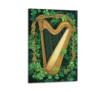 Retro Green Decor Wall Art, Classic Irish Harp Hanging Paintings Poster, Festive St. Patrick's Day Lucky Clover Prints to Decorate Corridor Studio Bedroom Living Room Indoor Space 20x30inch(50x75cm)