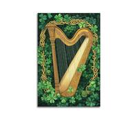 Retro Green Decor Wall Art, Classic Irish Harp Hanging Paintings Poster, Festive St. Patrick's Day Lucky Clover Prints to Decorate Corridor Studio Bedroom Living Room Indoor Space 08x12inch(20x30cm)