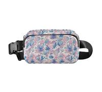 Retro Green Floral Small Waist Pack Crossbody Bag with Adjustable Strap for Travel Vacation Running, Sea Ocean Animals Corals Seaweeds Shells Sand, One Size