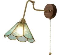 Retro Green Glass Wall Lamp with Pull Chain Switch, Adjustable Brass Swing Arm Sconce, Vintage Bedside Reading Light Fixture, Nordic Japanese Style for Bedroom, Study, Hallway Accent Lightin