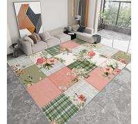 Retro Green Plaid Pink Flowers Living Room Rug 60 x 90 cm Machine Washable Carpet, Country Patchwork Non Slip Area Rug Low Pile Large Rugs for Living Room Bedroom Farmhouse Dining Room Kids Playroom