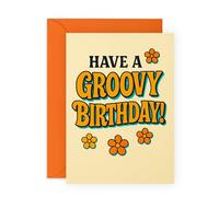 Retro Groovy Birthday Card - 70s Style Funky Typography with Flowers - Fun Birthday Card for Him or Her, Friends, Mum, Dad, Uncle, Aunt, Granny, Grandad - Comes with Stickers