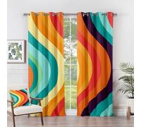 Retro Groovy Boho Colourful Blackout Curtains - 70s Vintage Orange Striped Eyelet Drapes, 2 Panels, 66 x 90 Inch (Width x Drop)