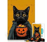 Retro Halloween Black Cat with Pumpkin Bucket Jigsaw Puzzles for Adults1000 Piece Mind Game Toy Anxiety Relief Neat Cut Art Collectible (38x52cm)