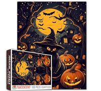 Retro Halloween Cat Witches Poster 1000 Piece Puzzle Starry Night Sky Cartoon Style Ultra Realistic Vector Art Design 27x20 Inches