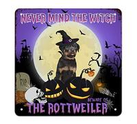 Retro Halloween Sign Pumpkin Lantern Decor Skeleton Cemetery Ghost Bats Metal Sign Witch Rottweiler Dog Halloween Signs Beware Of The Dog Wall Art Rustic Home Decor For Bedroom Garage 12x12 inch
