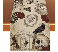 Retro Halloween Table Runner Halloween Gothic Skull Tablecloth Day of The Dead Roses Skull Decor Halloween Decorations and Supplies for Home Kitchen Table-13×72’’