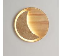 Retro Hallway Wall Sconce Japanese Minimalist Moon Shape Yellow Travertine Wall Light Modern Nordic Solid Wood Indoor Bedside Wall Mounted Lamp for Living Room Restaurant Kitchen