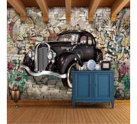 Retro Hand Drawn Art Vintage Cars Broken Walls Music 3D Wallpaper Silky Texture Home Study Office Grey Dining Room Sofa Bedroom Living Room TV Backdrop-200cm×140cm
