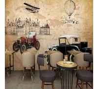 Retro Hand Drawn Cars Castles Hot Air Balloons Nostalgic 3D Wallpaper Silky Texture Home Study Office Grey Dining Room Sofa Bedroom Living Room TV Backdrop-150cm×105cm