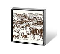 Retro Hand Drawn Farm View Animals Cow Pig Rooster Sheep Ducks Square Badge Smooth Surface Lapel Tie Pin, Lightweight Badge for Women Men Office Worker Nurse Teacher Student Shirts Backpack