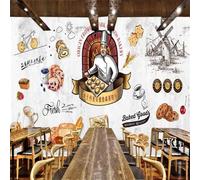 Retro Hand Drawn Food Bread Milk Tea Cartoon 3D Wallpaper Premium Textured Silk Study Dining Living Room Bedroom Sofa TV Wall Easy Install-350cm×256cm