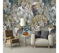 Retro Hand Drawn Jungle Plants Flowers Tiger 3D Wallpaper Premium Textured Silk Study Dining Living Room Bedroom Sofa TV Wall Easy Install-250cm×170cm