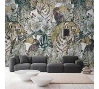 Retro Hand Drawn Jungle Plants Flowers Tiger 3D Wallpaper Silky Texture Home Study Office Grey Dining Room Sofa Bedroom Living Room TV Backdrop-300cm×210cm