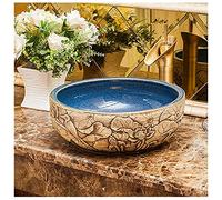 Retro Hand Engraved Ceramic Bathroom Vessel Sink - Artistic Round Countertop Basin, Stylish Porcelain Wash Bowl for Home Decor, Elegant Above Counter Sink Without Faucet