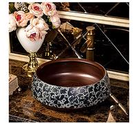 Retro Hand Engraved Ceramic Bathroom Vessel Sink - Artistic Round Porcelain Countertop Basin - Elegant Above Counter Wash Bowl for Stylish Bathrooms