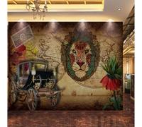 Retro Hand Painted Map Classic Car Lion Head Graffiti 3D Wallpaper Premium Textured Silk Study Dining Living Room Bedroom Sofa TV Wall Easy Install-200cm×140cm