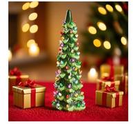 Retro Hand-Painted Tabletop Christmas Trees with Timer, Ceramic Christmas Tree, Table Top Christmas Tree, Pre-Lit Hand-Painted Tabletop Holiday Decoration for Desk and Bookshelf Decor (12in)