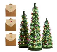 Retro Hand-Painted Tabletop Christmas Trees with Timer, Vintage Pre-Lit Ceramic Table Top Christmas Tree with Multicolored Lights, Resin Holiday Decoration Home Decor for Indoor(3pcs)