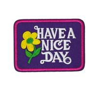Retro “Have A Nice Day” Iron-On Patch - Purple Background with Pink Border & Red Flower - 1970s Style Embroidered Appliqué for Jackets, Bags, Denim & DIY Crafts (9 x 7 cm)