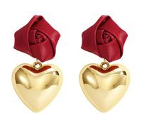 Retro Heart Red Rose Dangle Earrings for Women Gold-Toned Vintage 3D Flower Valentine Statement Charms Drop Dangling Lightweight Holiday Annivesary Jewelry Gifts