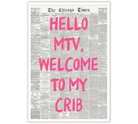 Retro Hello Mtv Welcome To My Crib Posters Pink Font Newspaper Canvas Wall Art Positive Affirming 70'S Room Aesthetic Prints Painting For Home Bedroom Dorm Wall Decor 12x18in Unframed