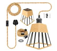 Retro Hemp Rope Hanging Light with Plug and Switch, 510 cm Vintage Plug in Pendant Lighting with 16x14 cm Square Lampshade,Rustic Hemp Woven Metal Pendant Light Shade,E27 Bulb Holder,for Attic,No Bulb